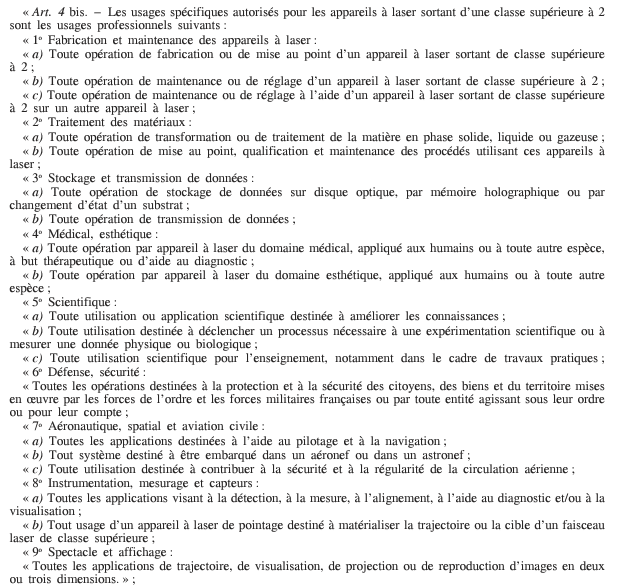 article 4 bis decret 2007 665 version 30 avril 2024 usages specifiques autorises pointeur laser